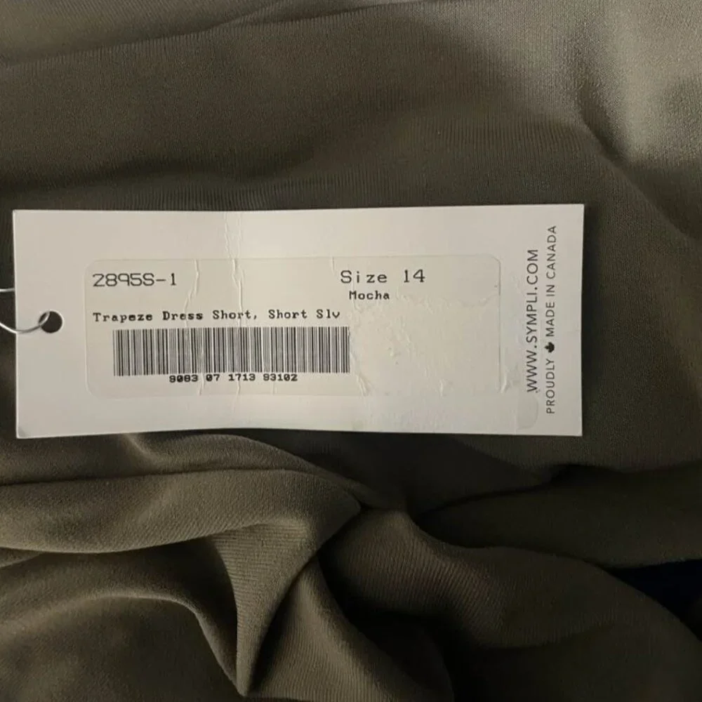 Sympli Trapeze Dress Short Sleeve Size 14 NWT Olive Green Knit Stretch Mod - Picture 6 of 9